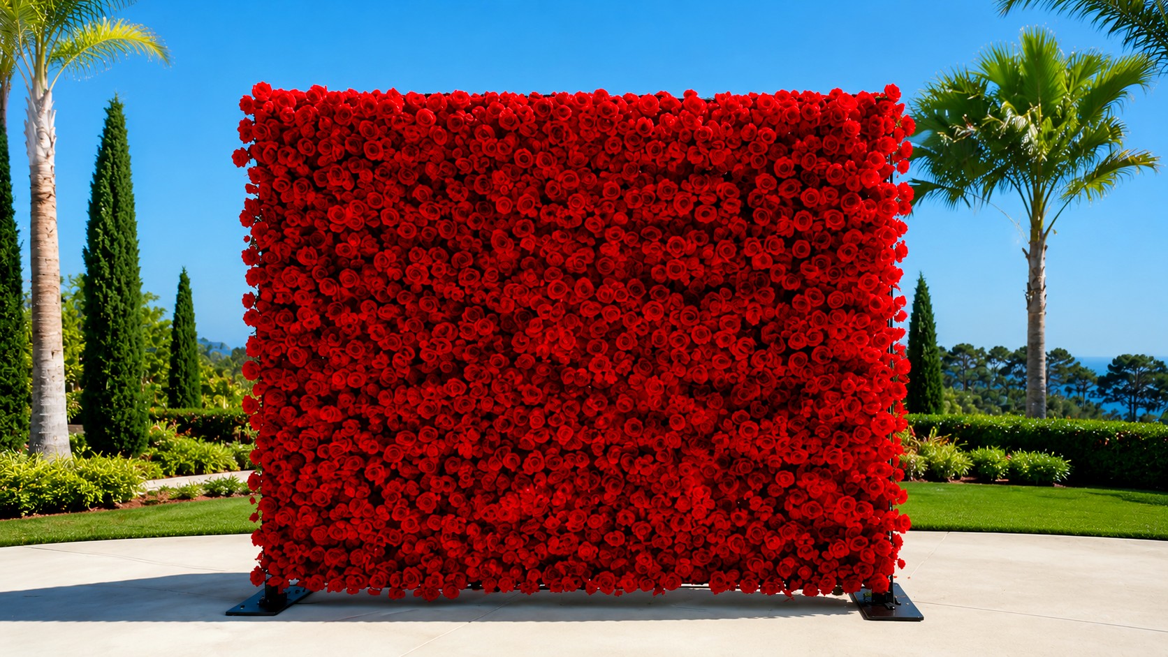 Luxury red rose flower wall installation under blue sky