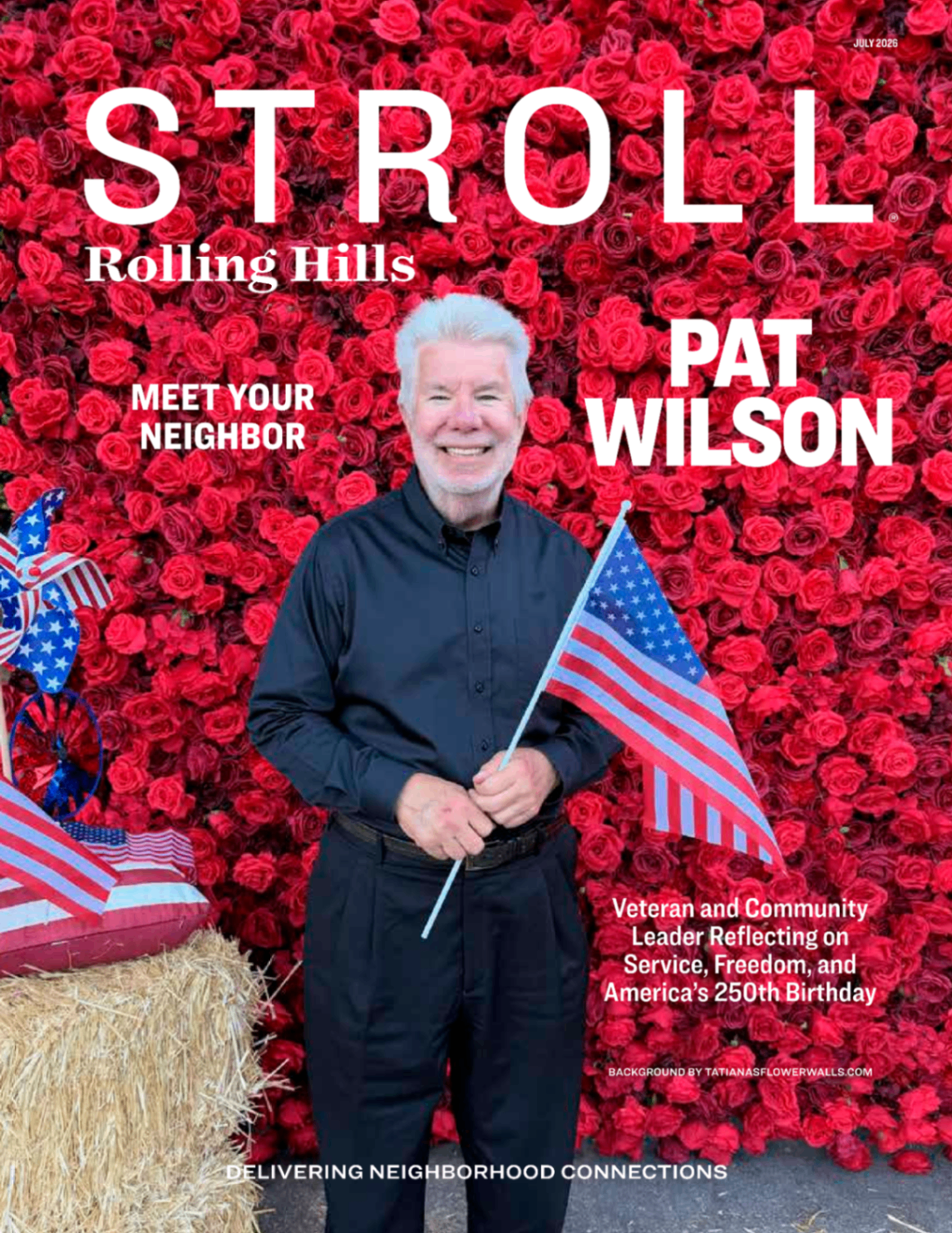 Stroll Rolling Hills magazine cover featuring Pat Wilson in front of a red rose wall by Tatiana's Flower Walls