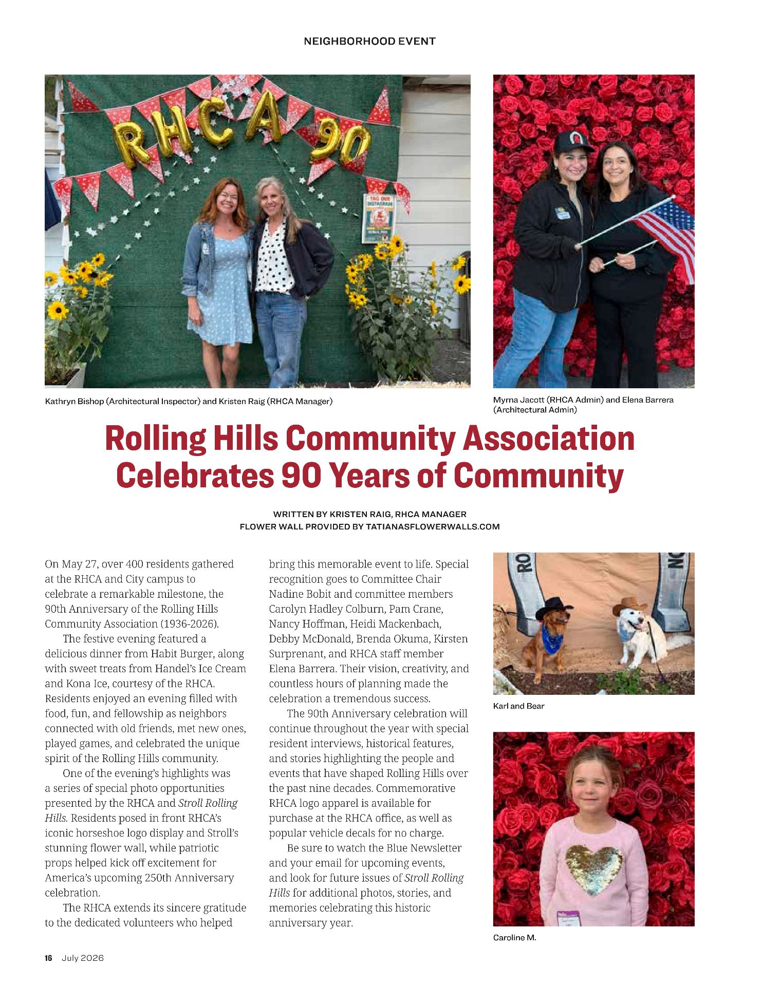 Stroll Rolling Hills feature spread — Rolling Hills Community Association 90th anniversary celebration in front of Tatiana's red rose flower wall