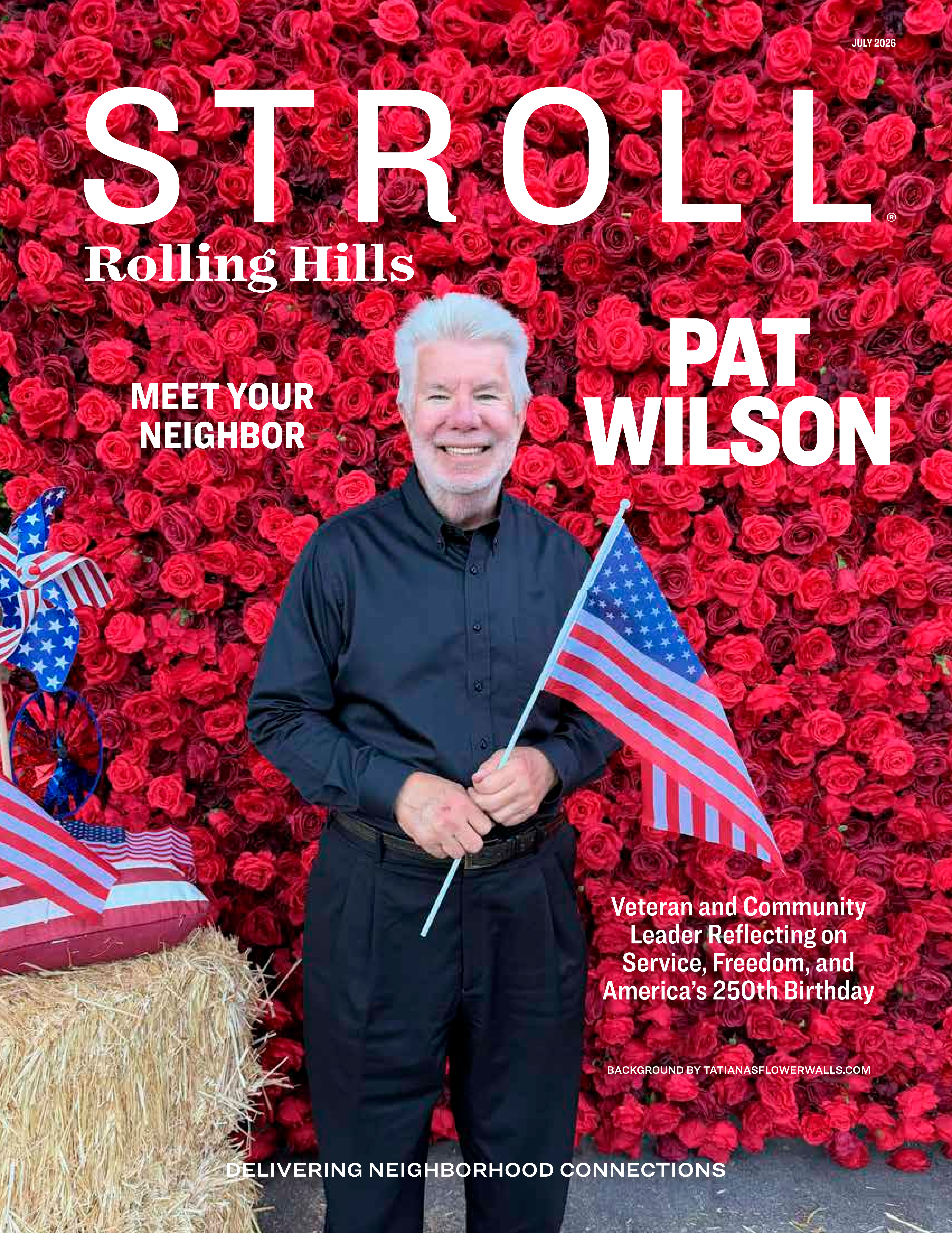Stroll Rolling Hills magazine cover featuring Pat Wilson in front of a red rose wall by Tatiana's Flower Walls