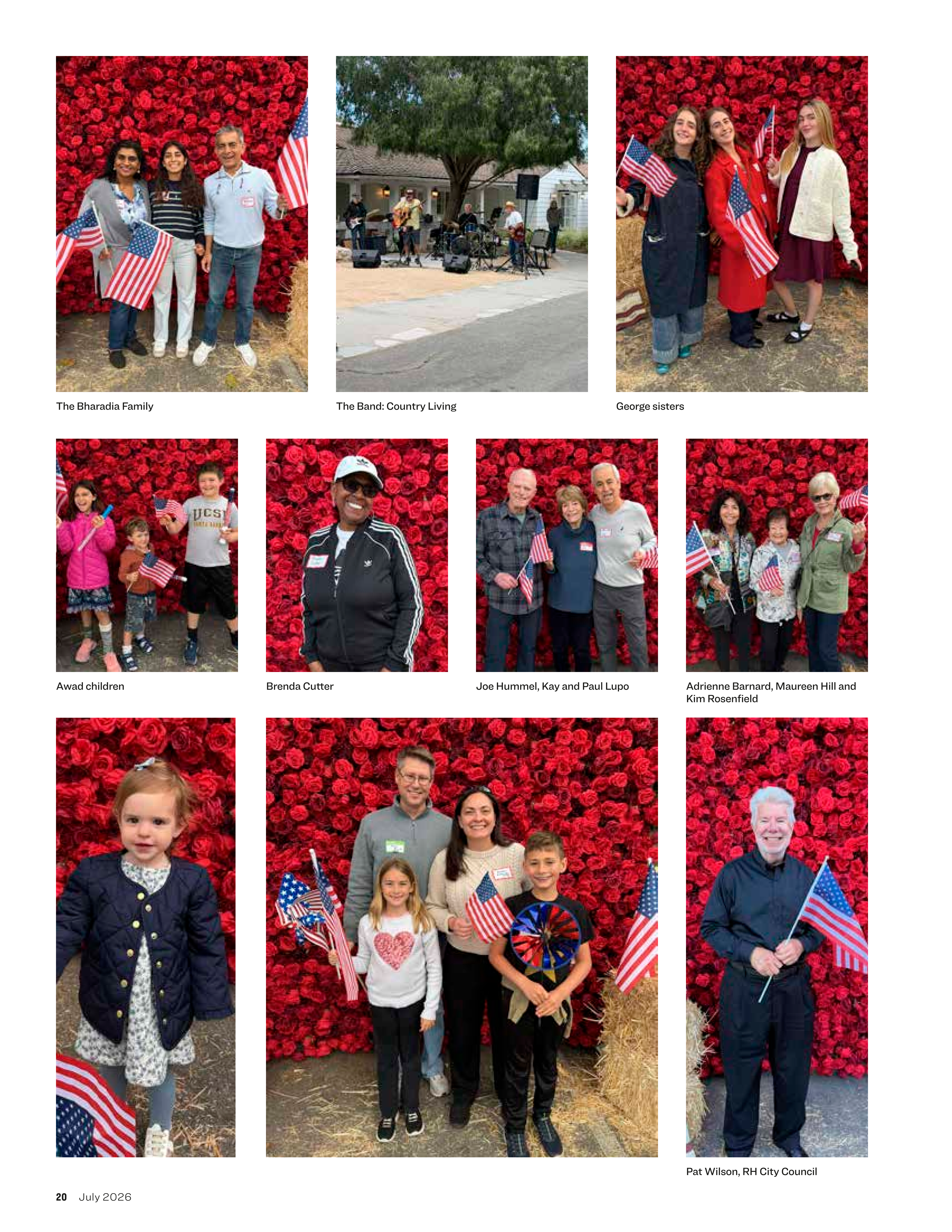 Stroll Rolling Hills feature spread — Rolling Hills Community Association 90th anniversary celebration in front of Tatiana's red rose flower wall